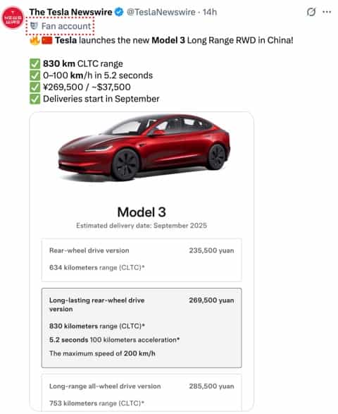 830 km Tesla Model 3